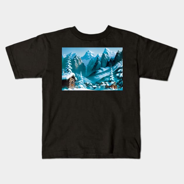 Christmas Scene - Log Cabins in the Snow Kids T-Shirt by CursedContent